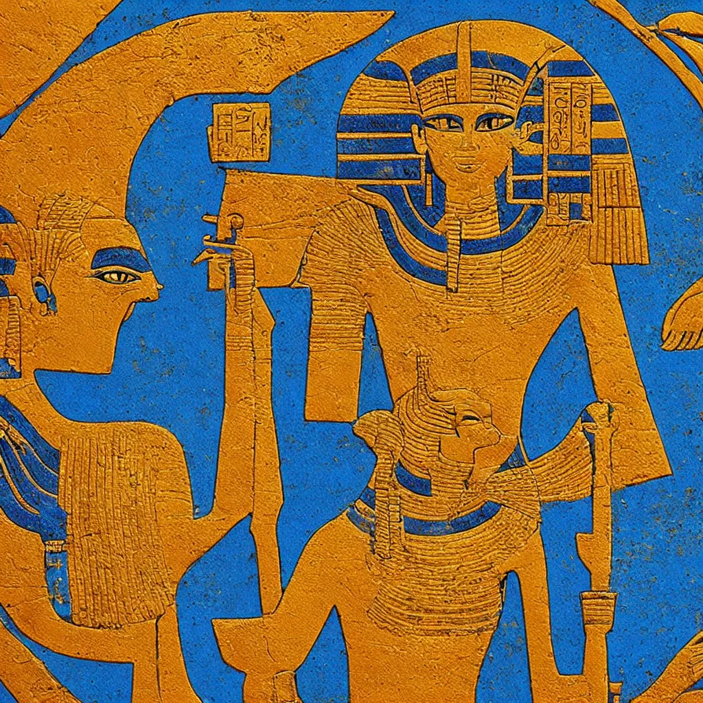 Prompt: ancient egyptian god, gold, orange, blue, symetrical, hd, trending on artstation