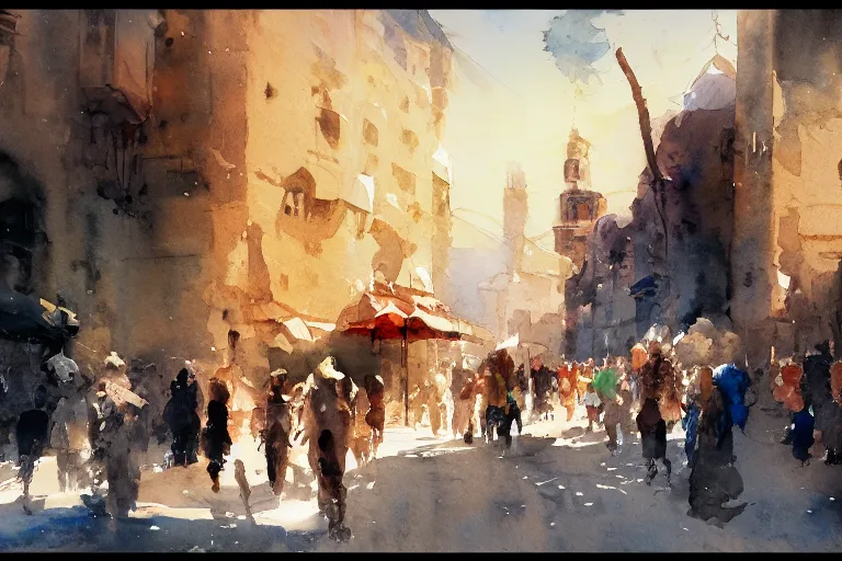 Image similar to small centered on watercolor paper, paint brush strokes, abstract watercolor painting of ancient jerusalem, cinematic light, national romanticism by hans dahl, by jesper ejsing, by anders zorn, by greg rutkowski, by greg manchess, by tyler edlin