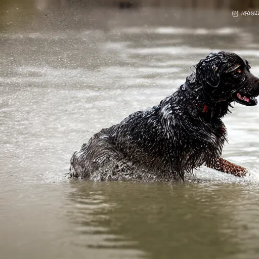 Image similar to Photorealistic photograph of a dog splashing in a puddle, photorealism, photorealistic, realism, real, highly detailed, ultra detailed, detailed, depth of field, shutter speed 1/1000, 200mm Focal Length, Canon EOS R7