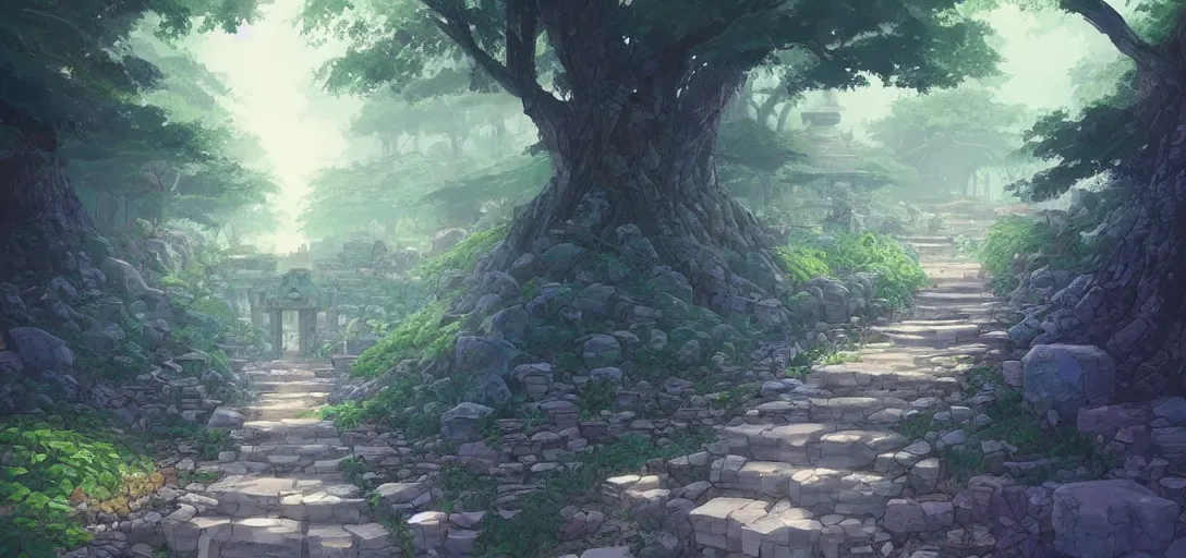 Image similar to concept art by sylvain sarrailh of an stone path leading to an abandonned asian temple, asiatic forest, studio ghibli