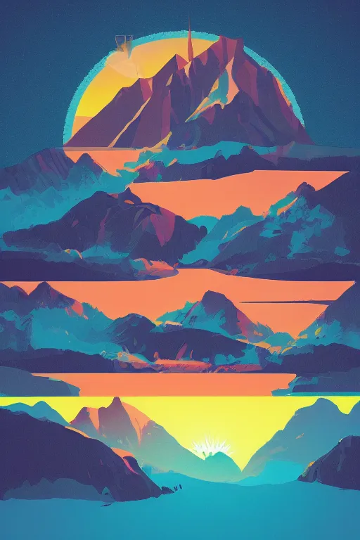 Image similar to sunrise mountain water vector illustration digital art by james gilleard trending on artstation