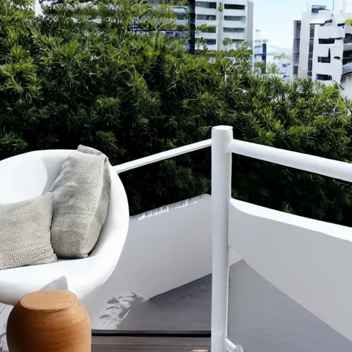 Image similar to zen minimalist clean modern white plant balcony, soft - light, cool, overlooking beach
