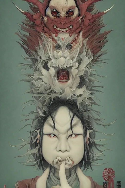 Image similar to a portrait of a japanese devil yokai ghost illustrated by miyazaki by karol bak, james jean, tom bagshaw, rococo, sharp focus, trending on artstation, cinematic lighting, hyper realism, octane render, 8 k, hyper detailed, vivid, ultra detailed, highly detailed