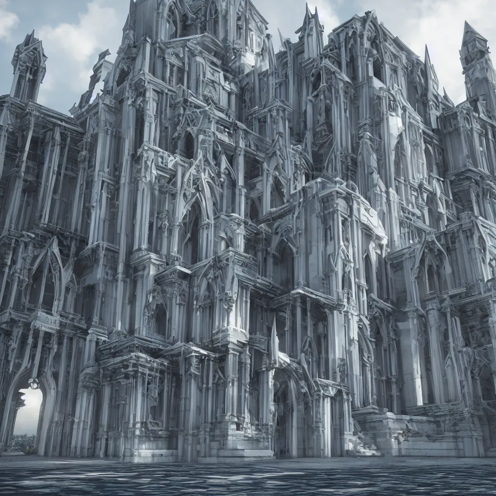 Prompt: beautiful modern gothic building made out of white stone cyberpunk futuristic. bright high contrast cinematic lighting highly detailed resolution octane render 8 k