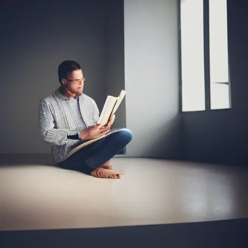 Prompt: a photo of someone sitting in the air reading a book, realistic, detailed, studio lighting, award winning photo, 8k, hd