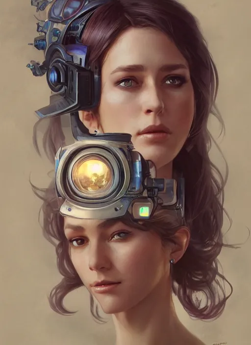 Prompt: a woman with a buggy television head, headshot, painted fantasy character portrait, D&D, highly detailed, digital painting, artstation, sharp focus, art by artgerm and greg rutkowski and alphonse mucha and magali villeneuve
