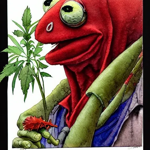 Image similar to a realistic and atmospheric watercolour fantasy character concept art portrait of kermit with red eyes smoking a huge blunt looking at the camera with a pot leaf nearby by rebecca guay, michael kaluta, charles vess and jean moebius giraud