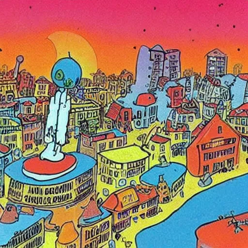 Image similar to A city ruined by nuclear bombings, illustrated by children's author and cartoonist, Dr Seuss.