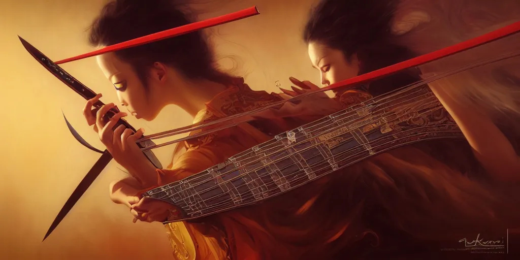 Image similar to a katana guitar by karol bak, james jean, tom bagshaw, rococo, sharp focus, trending on artstation, cinematic lighting, hyper realism, octane render, 8 k, hyper detailed, vivid, ultra detailed, highly detailed