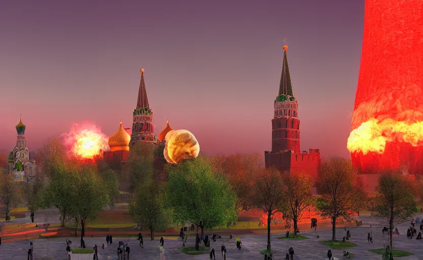 Image similar to ultra realistic shot of a big nuclear explosion with realistic nuclear mushroom in Red Square Kremlin, 8k