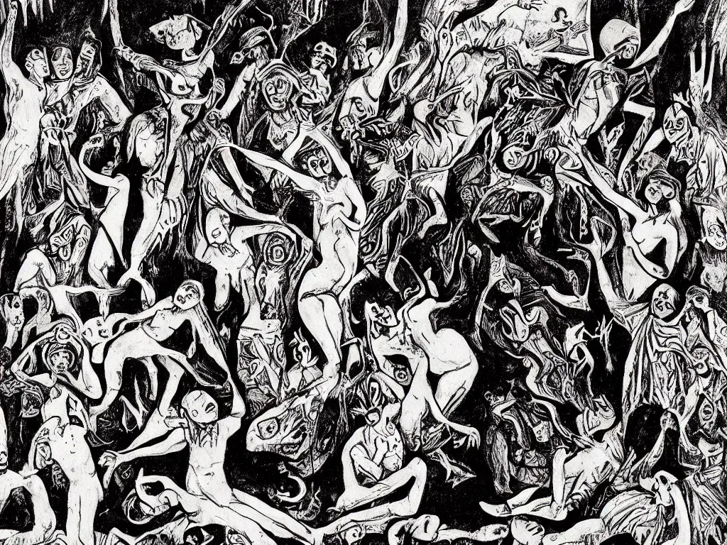 Image similar to a satanic ritual intervening by Ayahuasca Mother, very detailed, Harlem Renaissance style, award-winning