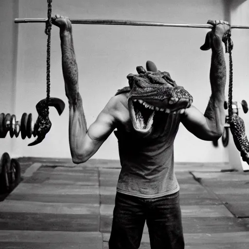 Image similar to photo of a man lifting an alligator above his head in the manner of weightlifting