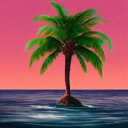 Prompt: lone palm tree on a lonely island in the sea, concept art, illustrated, highly detailed, high quality, bright colors, optimistic,