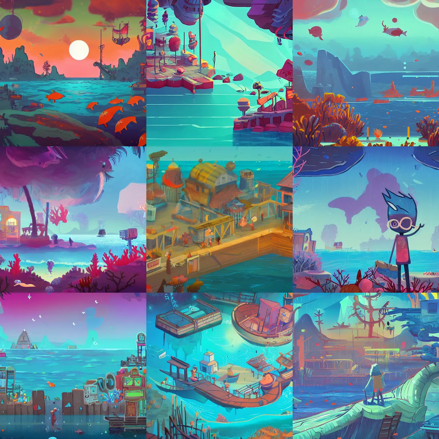 Prompt: beautiful art for a 2d side scroller game set in a post apocalyptic bustling sea fairing town with lots of coral and fish inspired by night in the woods, lisa frank, and beeple