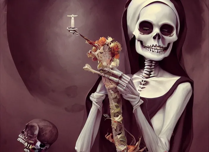 Prompt: cute & beautiful smiling mexican undead skeleton girl dressed as a nun, elegant, digital art, fantasy, pixar style, painting, pin up, highly detailed, artstation, art by artgerm, vrubel, boris vallejo and ilya kuvshinov