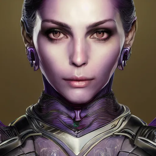 Image similar to close up portrait of julia fox in smooth purple sci - fi armor, long black ponytail, elegant, intense, woman, an ultrafine hyperdetailed illustration by kim jung gi, irakli nadar, intricate linework, sharp focus, bright colors, octopath traveler, final fantasy, unreal engine 5, global illumination, radiant light