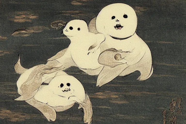 Prompt: baby harp seal demons, scary, Japanese painting, 1800s