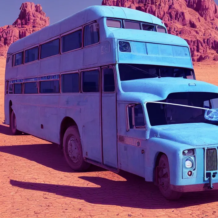 Image similar to Blue bus never stopping, always driving. intricate artwork. in desert, octane render, trending on artstation, very coherent symmetrical artwork. cinematic, hyper realism, high detail, octane render, 8k, iridescent accents