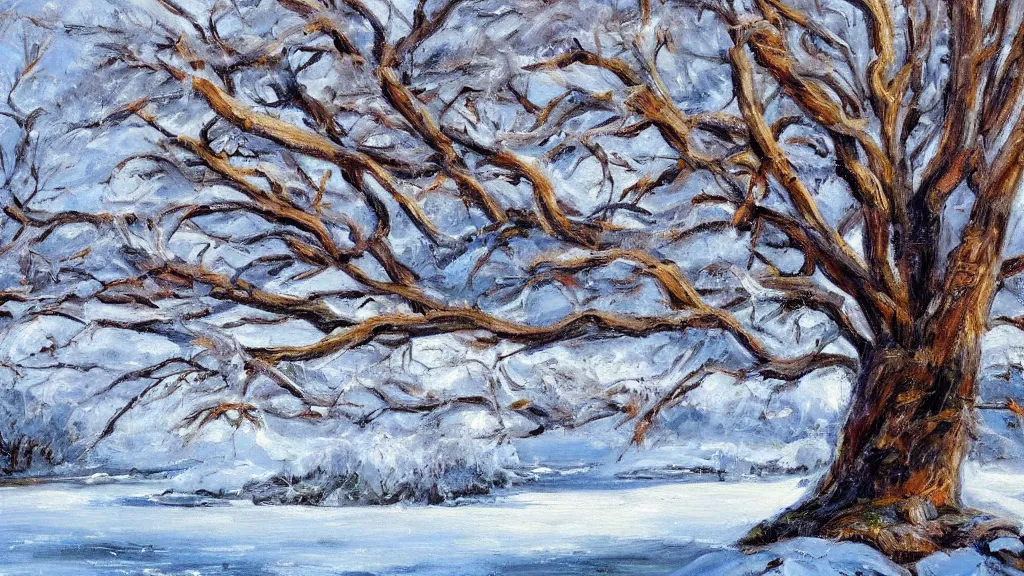 Prompt: landscape of a river, big tree, snow on the tree, painting, hd,