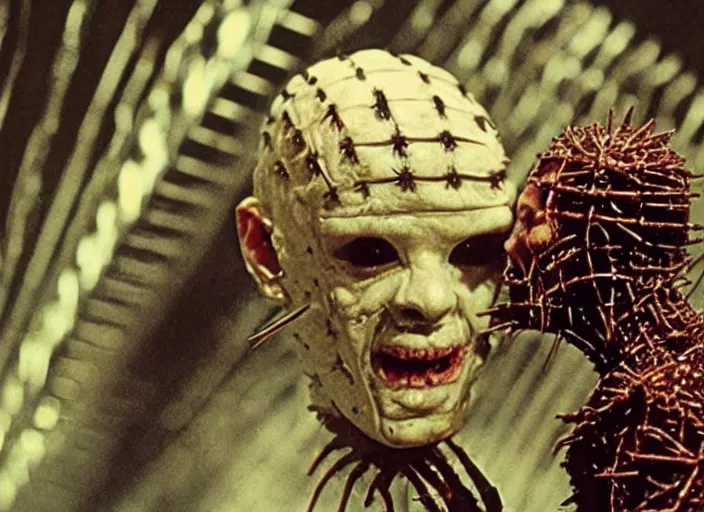 Prompt: a disgusting vile cenobite eating a man, cult horror, hellraiser inspired by The Thing, mcfarlane, clive barker, by Cronenberg and greg nicotero