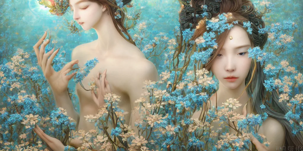 Image similar to breathtaking detailed concept art painting of the in love goddess of light blue flowers, orthodox saint, with anxious, piercing eyes, ornate background, amalgamation of leaves and flowers, by Hsiao-Ron Cheng, James jean, Miho Hirano, Hayao Miyazaki, extremely moody lighting, 8K