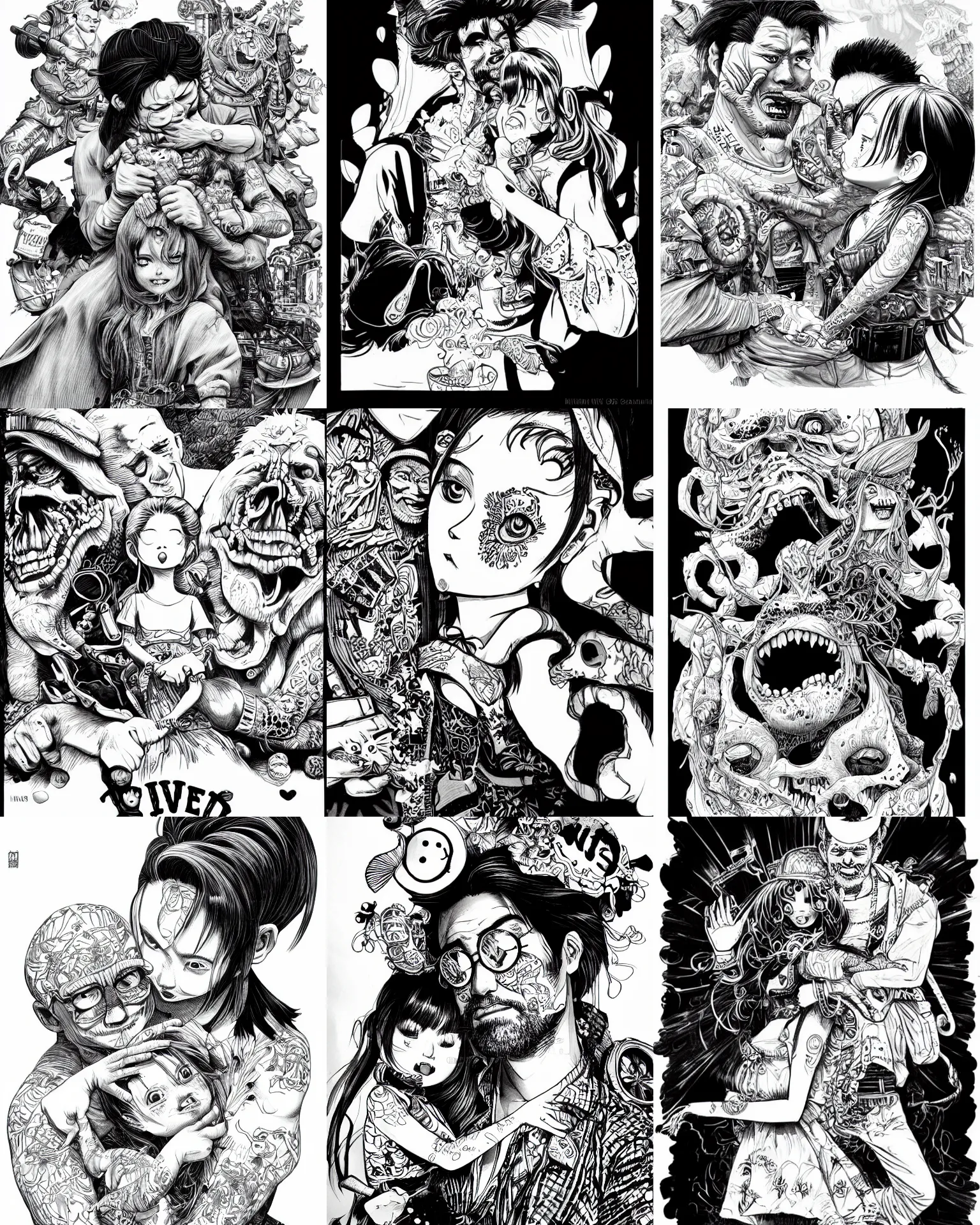 Prompt: highly detailed ink illustration of a father love for his daughter, b & w clean shaped illustration by kim jung gi, ric estrada, ron english and eiichiro oda