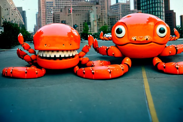 Image similar to 2 0 1 5 cute giant crab terrorizing a city, googie city, americana, fishcore, exterior photography, hd 8 k, photography cinestill