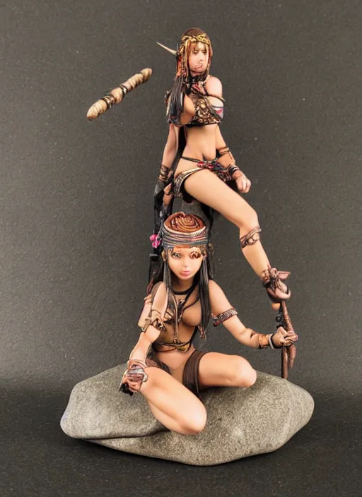 Prompt: Product Introduction Photos, 4K, Full body, 80mm resin detailed miniature of a savage tribe girl, Sitting on a miniature stone