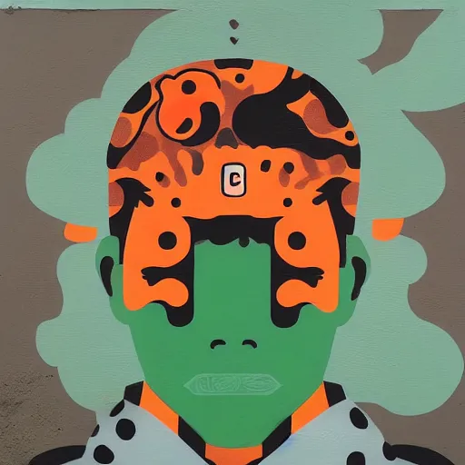 Image similar to Bape x Supreme x Dragon God Painting by Sachin Teng, asymmetrical, Organic Painting , Matte Painting, Black, Orange, Light Green, Red geometric shapes, hard edges, graffiti, street art,:2 by Sachin Teng:4