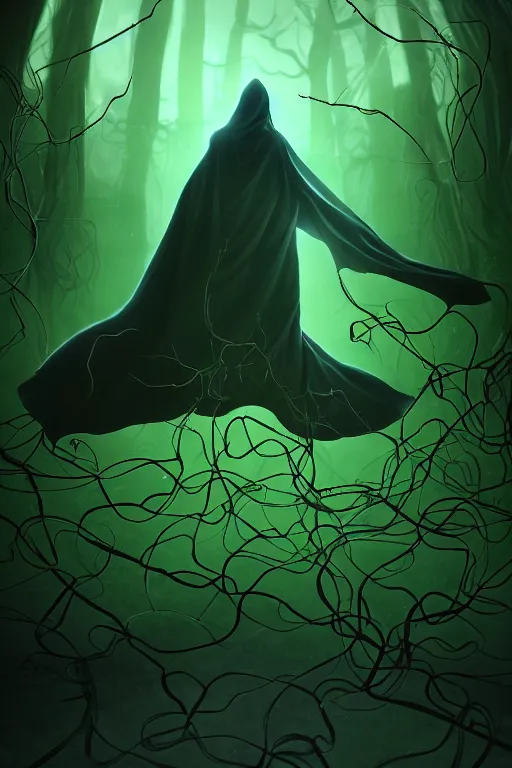 Prompt: A full body portrait of a mysterious character with no face, glowing eyes and a very long hooded dark green cloak of leaves, vines coming out the ground art by Shaddy Safadi and Jason Chan, ominous, cosmic horror, trending on artstation, Ultra detailed, hyper realistic 4k