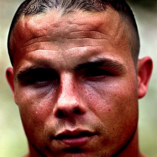 Prompt: real ronaldo head and shoulders portrait by steve mccurry, small smile, year 2 0 0 0