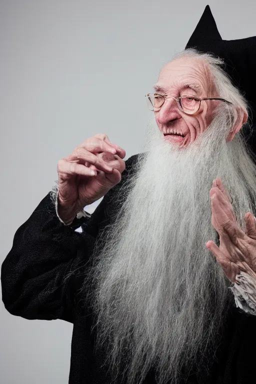 Image similar to elderly wizard conjuring up a fireball in his hand, promotional photo, studio lighting, portrait
