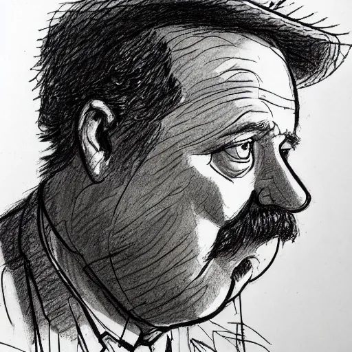 Image similar to a realistic yet scraggly portrait sketch of the side profile of a stern and sophisticated paul blart, trending on artstation, intricate details, in the style of frank auerbach, in the style of sergio aragones, in the style of martin ansin, in the style of david aja, in the style of mattias adolfsson