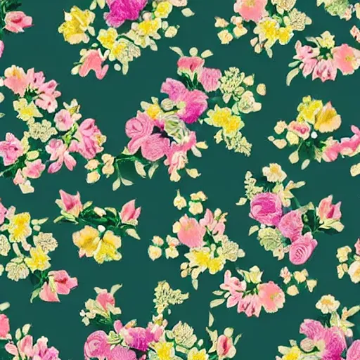 Prompt: a floral pattern in repeat in pastel colors like pinks, lilacs, lemon yellows and sea greens.. Having pretty roses and libernums