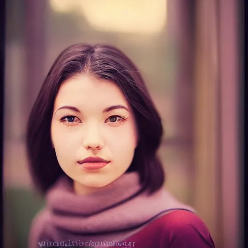 Prompt: a very beautiful!! young woman is posing for a photograph, petzval lens. symetric face. sharp face. near a window. featured on flickr, art photography, photo taken with provia,