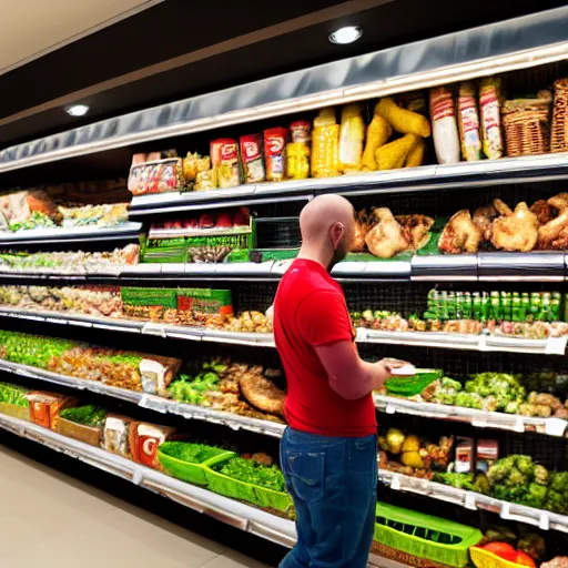 Prompt: anthropomorphic chicken man with chicken arms carefully considering chicken options in grocery store aisle, 8K hyper realistic render,