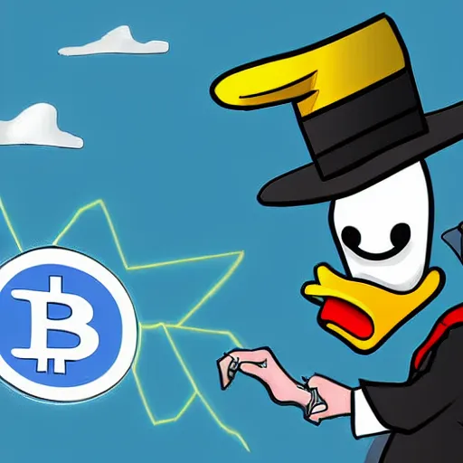 Image similar to digital art, a duck dressed in a jacket suit with a hat predicting a crash in the cryptocurrency markets