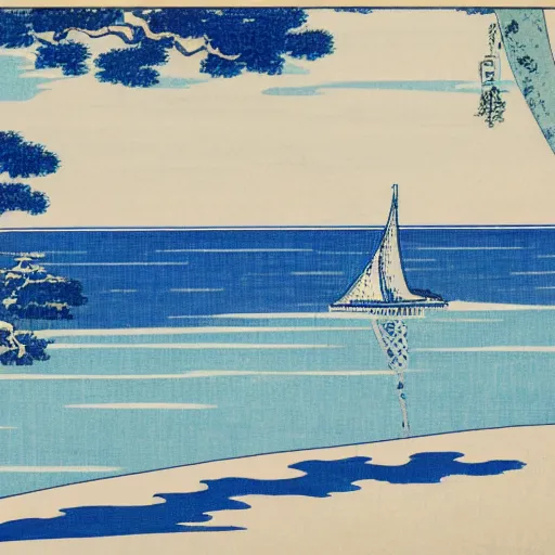 Image similar to French west beach with a blue sky in Hokusai style