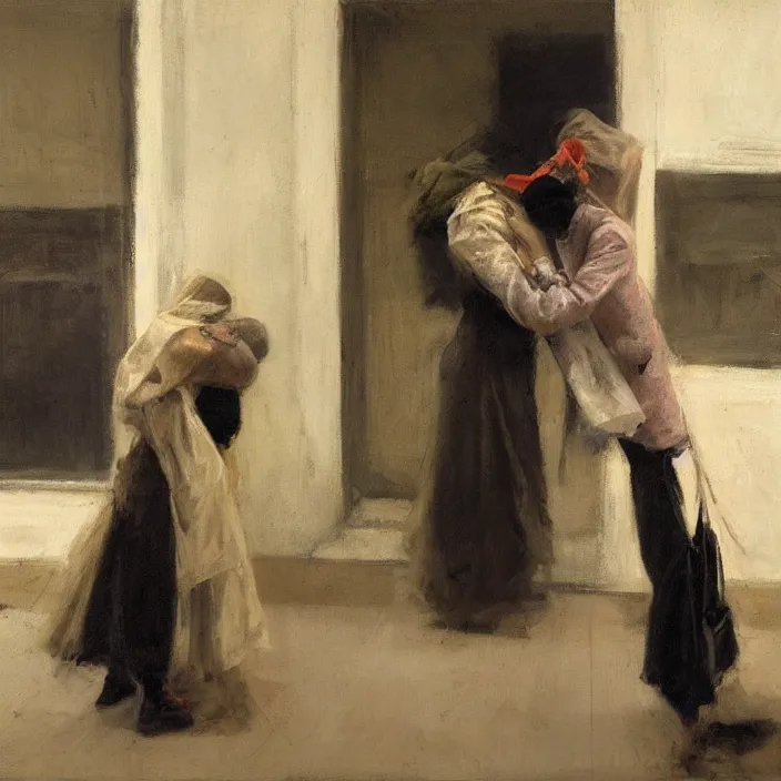 Prompt: two women hugging with a paper bag over the head dressed in plastic bags by jeremy mann and edward hopper