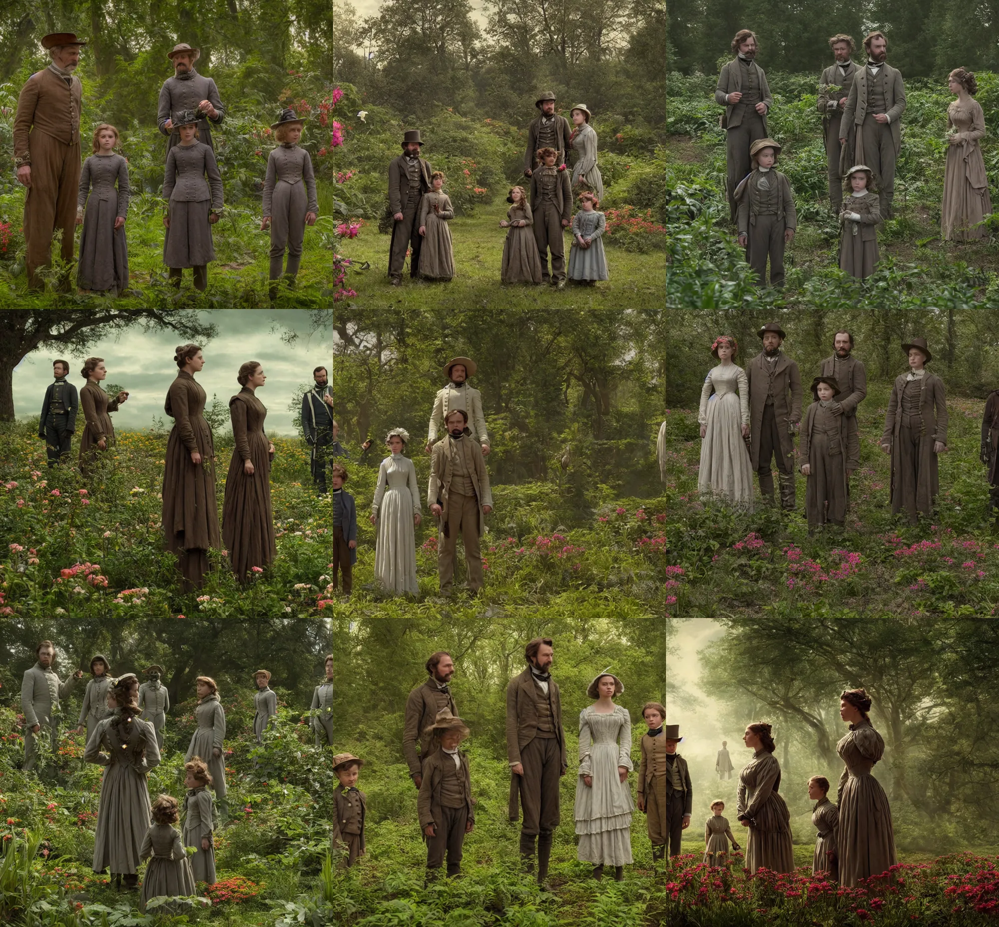 Prompt: sharp, highly detailed, film from a 2 0 1 9 sci fi 8 k movie, set in 1 8 6 0, family standing in a park on a strange alien planet, surrounded by alien plants and flowers, wearing 1 8 6 0 s clothes, atmospheric lighting, in focus, reflective eyes, 3 5 mm macro lens, live action, nice composition