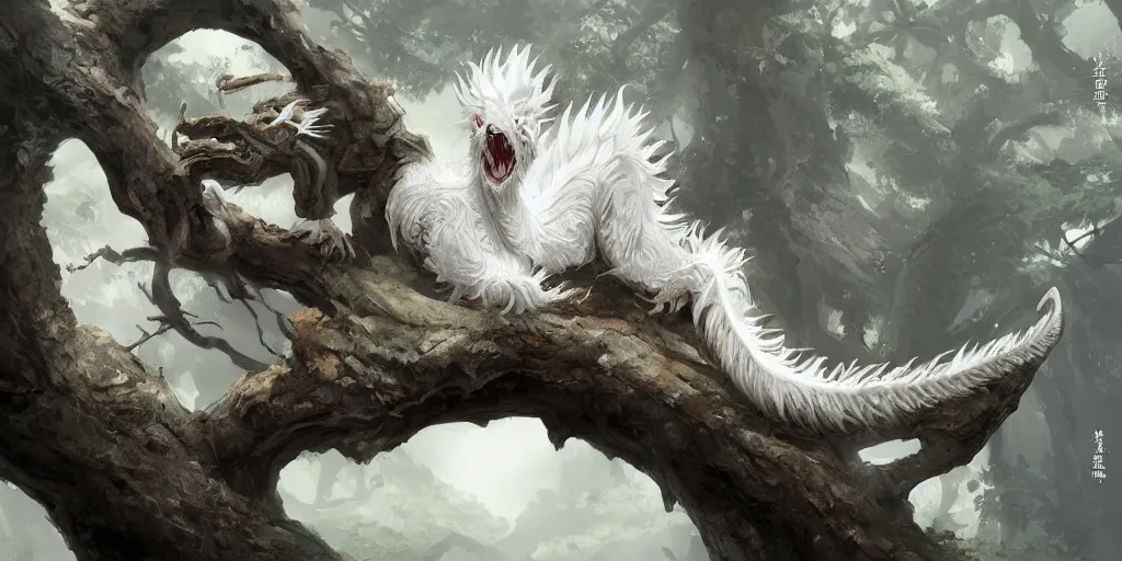 Image similar to a white chinese dragon lie on a old tree by yang qi 9 1 7, 4 k, matte paint, concept art, sharp detail, artstation