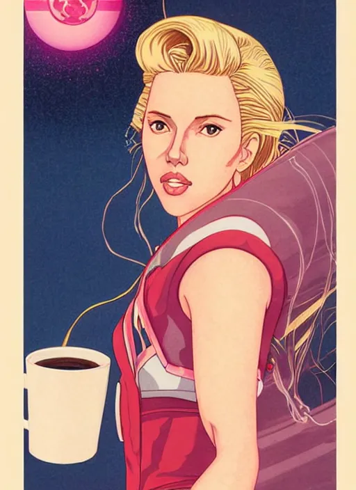 Prompt: realistic portrait of scarlett johansson as a sailor moon, making the coffee, early morning, light falling on face, futuristic, highly detailed, 8 0 - s style poster, sharp focus, illustration, art by kawase hasui,