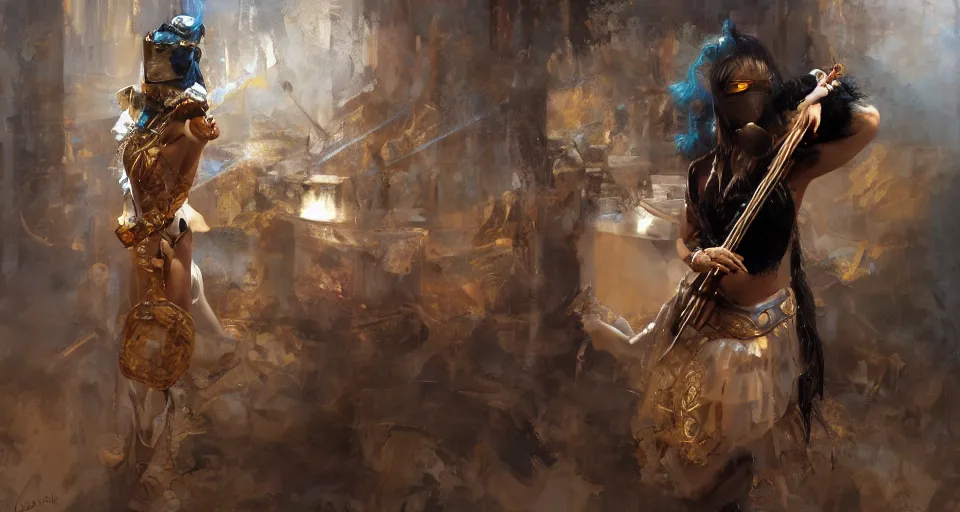 Image similar to craig mullins and ghibli digital art of masked female violinist, exotic costumes, gold jewelry, black hair, theater, large audience, solo on stage unreal engine, hyper realism, realistic shading, cinematic composition, realistic render, octane render, detailed textures, photorealistic, wide shot