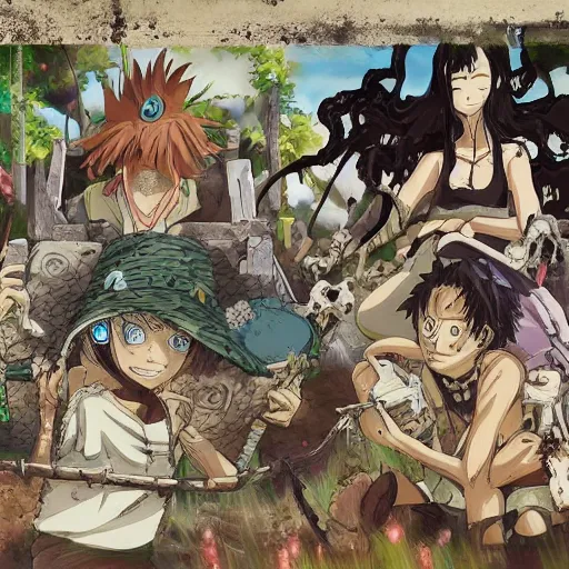 Image similar to archaeological artifact. photograph. death and decay. cemetery; exposed bones. elephant graveyard; cartilage. ancient burial ground. BRIGHT COLOR BEAUTIFUL ANIME PHOTOGRAPH STUDIO GHIBLI SHŌNEN JUMP MANGA BLEACH ONEPIECE VIVID