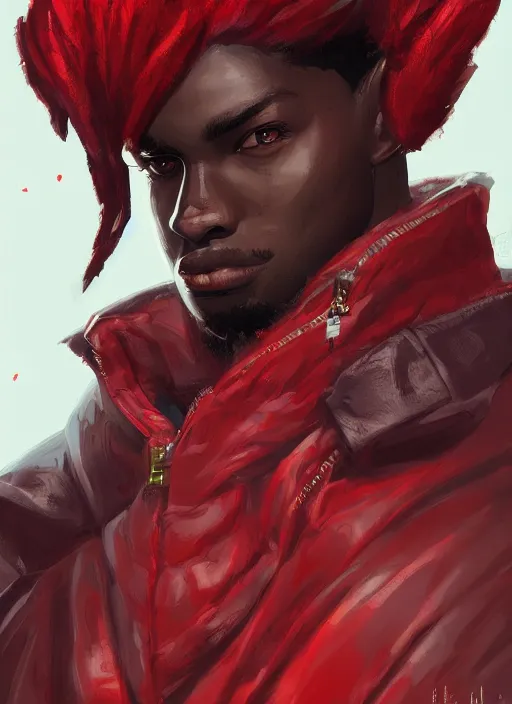 Prompt: a highly detailed illustration of attractive young african guy with flat top hair wearing red jacket, dramatic standing pose, intricate, elegant, highly detailed, centered, digital painting, artstation, concept art, smooth, sharp focus, league of legends concept art, wlop