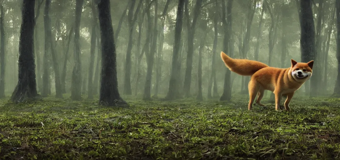 Image similar to a complex organic fractal 3 d metallic symbiotic ceramic humanoid megastructure shiba inu in a swampy lush forest, foggy, cinematic shot, photo still from movie by denis villeneuve