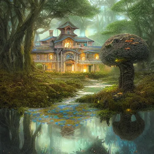 Prompt: water elemental mansion, watery aspect on everything,architecture photography,Studio Ghibli,color grading and detail showcase,insanely detailed painting by james gurney