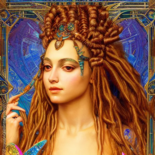 Image similar to artstation, intricate details, hyper details, by gaston bussiere and sandro botticelli, tan skin sumerian mystic lady of elche, egyptian sumerian features, techno mystic princess intergalactica, with aqua neon rapunzel dreadlocks,