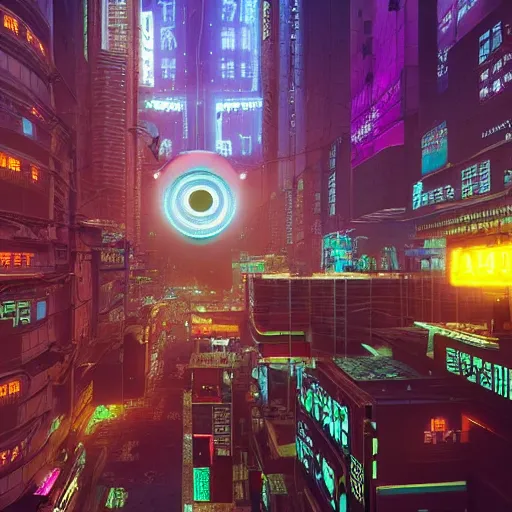 Prompt: Cyberpunk FantasyCore Kowloon giant floating eye, neon electronic, rendered in Lumion Pro, Autodesk Solidowkrs Visualize, Maya, and Cinema 4D by Iwan Baan, Greg Rutkowski, Ted Gore, Dustin Lefevre, and Jaya Su Berg, trending on artstation, cgsocciety r/art