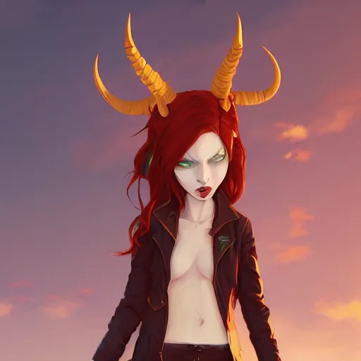 Image similar to a pale redheaded demoness with yellow eyes and horns wearing a jacket, highly detailed, digital painting, artstation, matte, by makoto shinkai, animation style